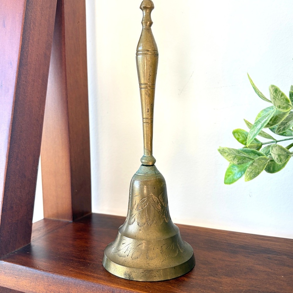 Vintage Etched Brass Hand Bell Tall Handle Leaf Pattern Antique Decor